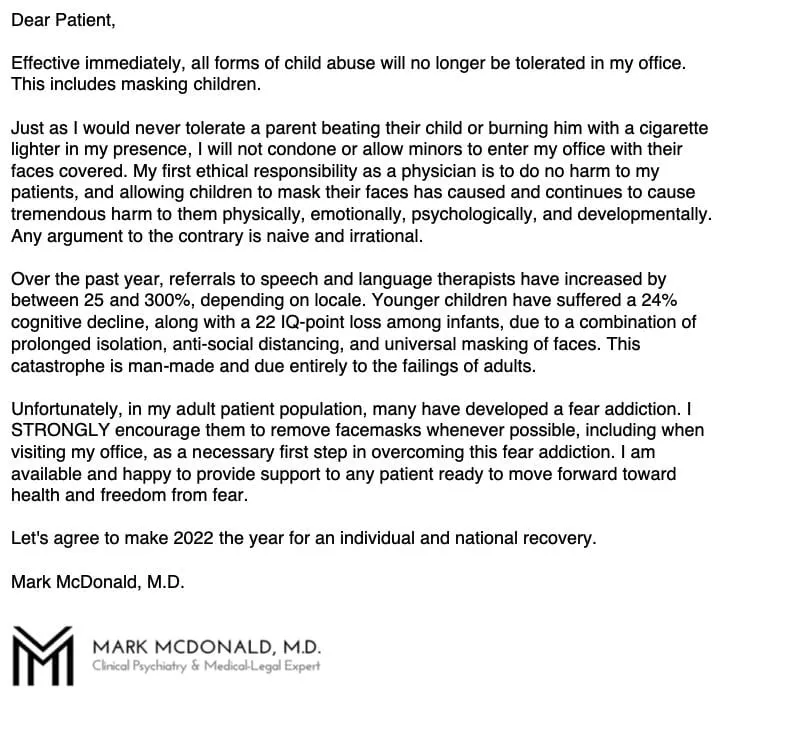 Dear Patient letter banning masks from the psychiatric practice of Mark McDonald, MD