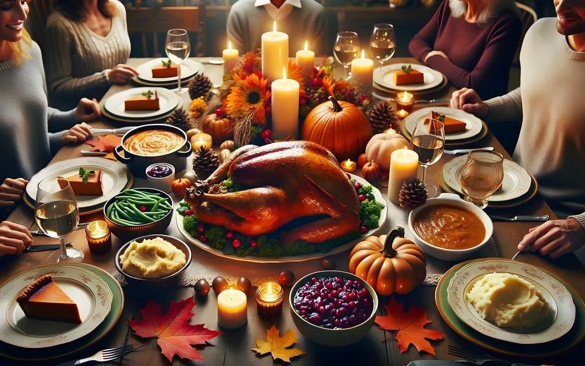 Thanksgiving table fully set, surrounded by seated family