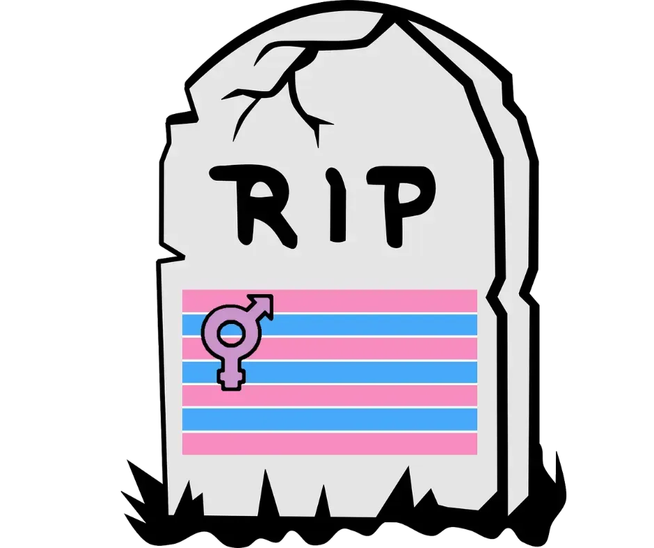 Gravestone etched with "RIP" and a transgender flag painted on its face