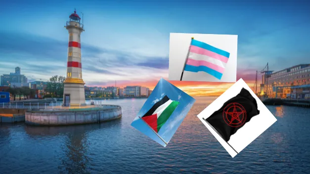 River view of Malmo with trans, Satanic, and Palestinian flags pictured