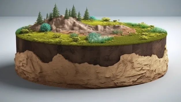 Cake-shaped round of land, covered with grass, trees, and mountains