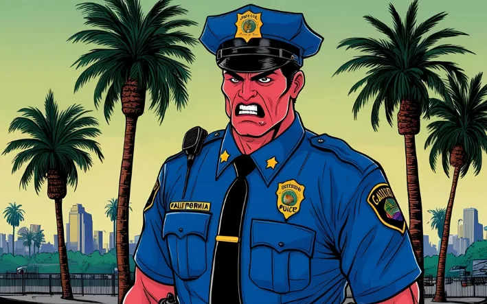 Scary-looking California police officer in uniform with LA city and palm trees in background