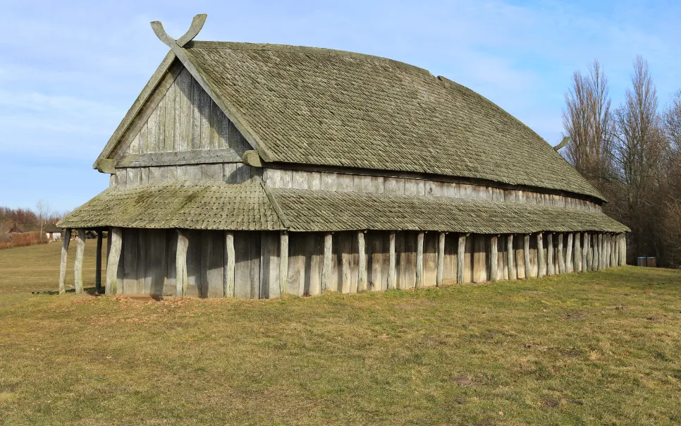 Longhouse with thatched roof, in a field