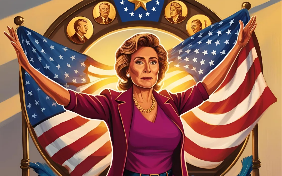 A woman standing in front an American flag spread like wings