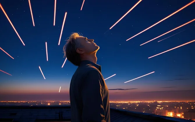 Man looking up from rooftop at night sky toward streaks from ballistic missiles flying overhead