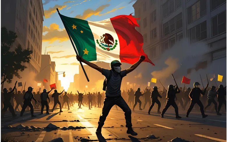 Rioter wearing mask and waving Mexican flag as city burns behind him