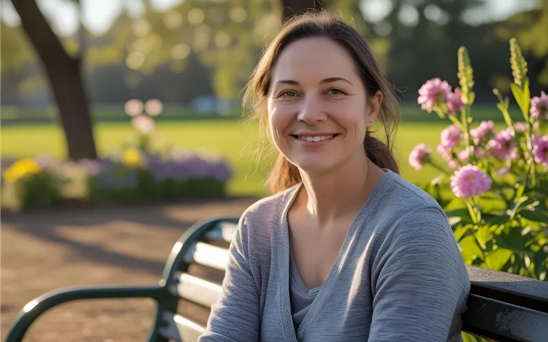 Average-looking woman sitting on a park bench, smiling