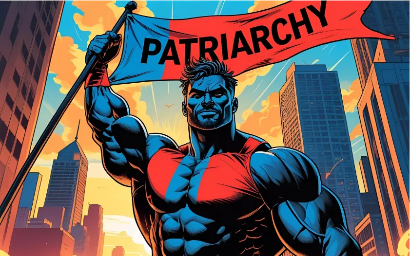 Muscular man holding a patriarchy flag before a city of skyscrapers