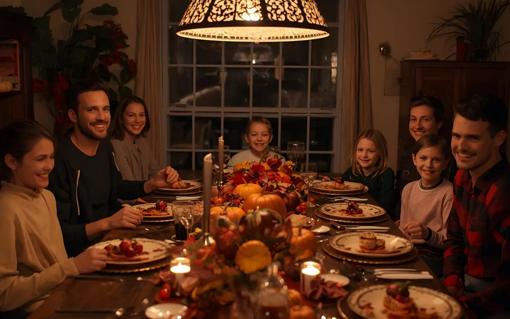 Happy American family sitting around the Thanksgiving table