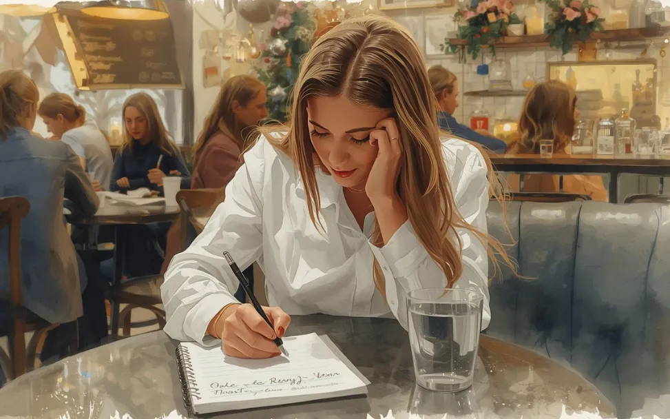 Woman writing down new year's resolution on paper pad in coffee shop