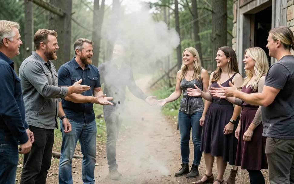 Group of men on one side and group of women on another, blocked by mysterious force