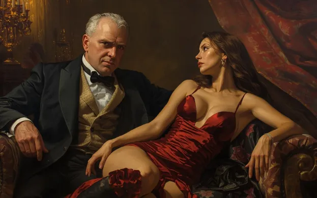 Well-dressed older man sitting on sofa with sexy younger woman