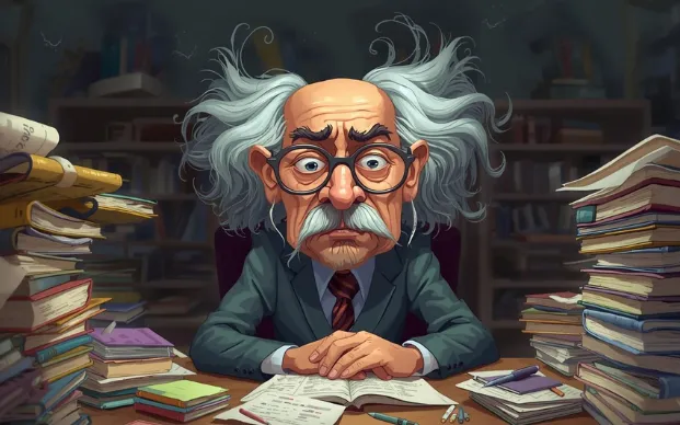 Nutty professor sitting behind desk covered with books