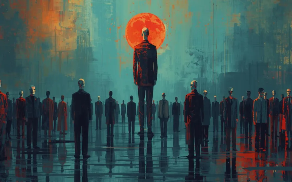 Tableau of adults standing among one another but separated