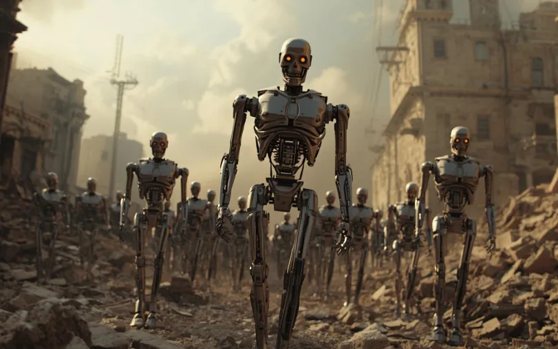 Terminator robots marching through the ruins