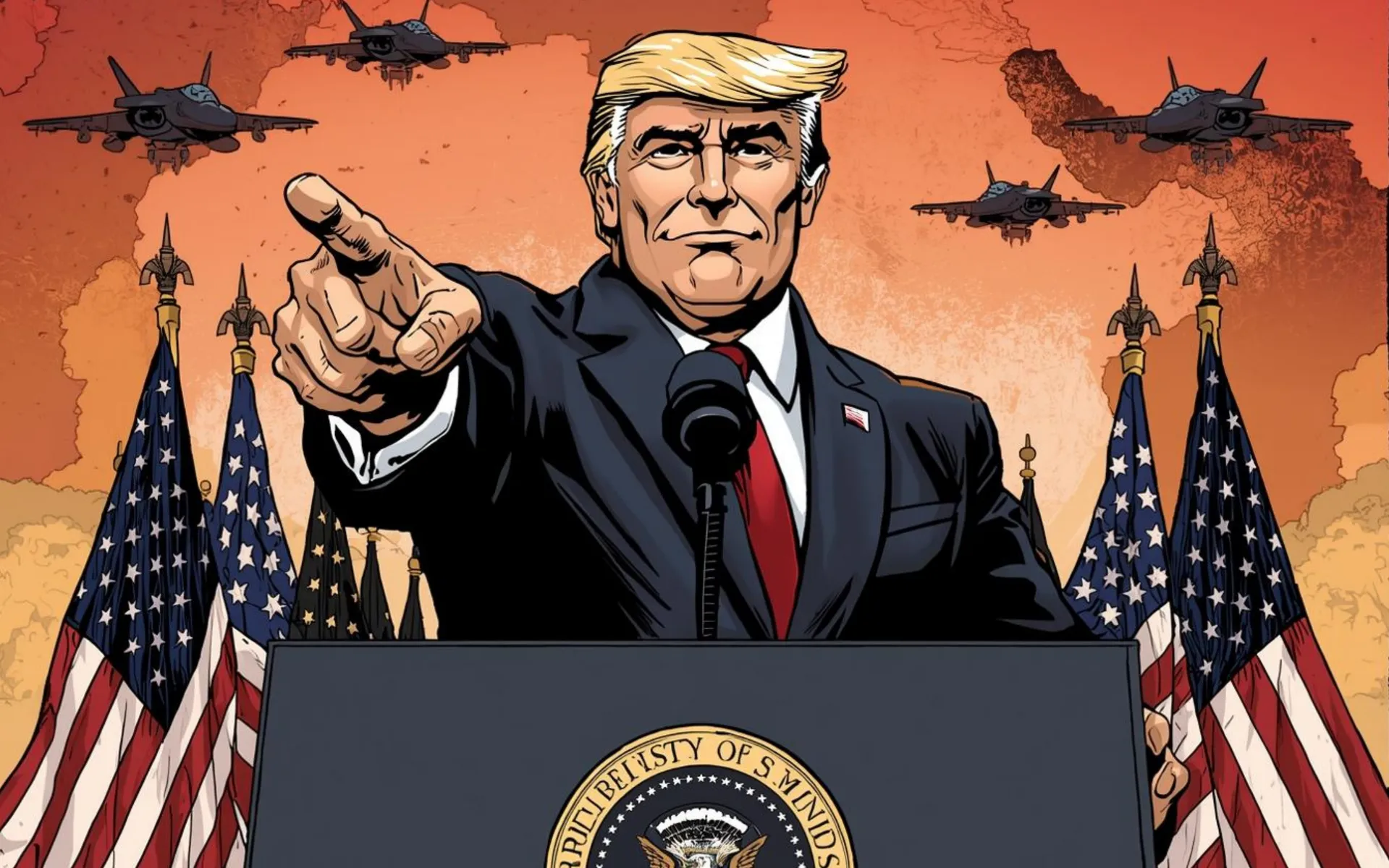 Triumphant Trump behind podium with warplanes flying overhead behind him, as he's surrounded by American flags