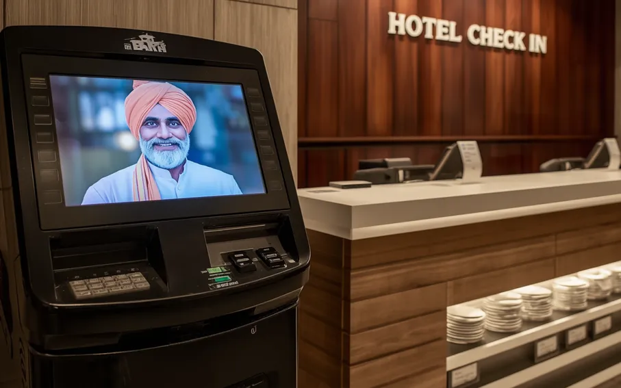 Hotel video kiosk with Indian man on screen